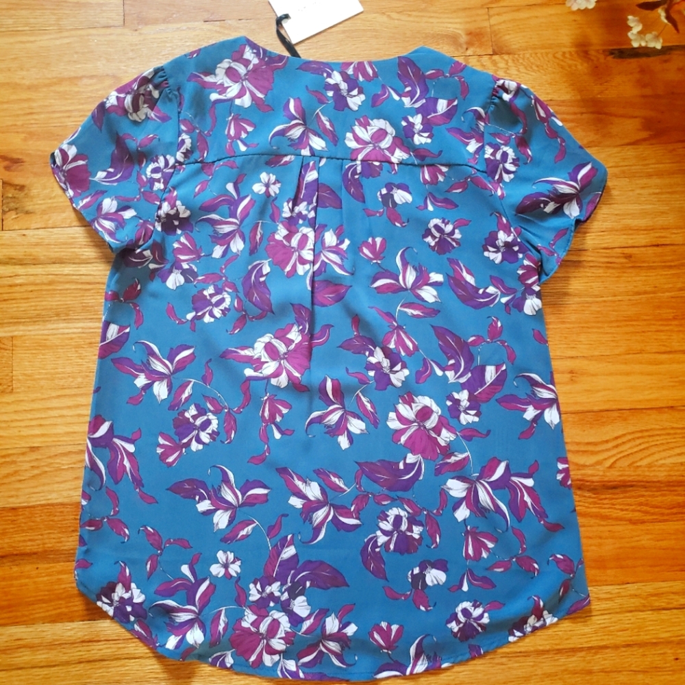 41 Hawthorn Small Gracie Tulip Detail Blouse Teal  White Purple Floral NWT